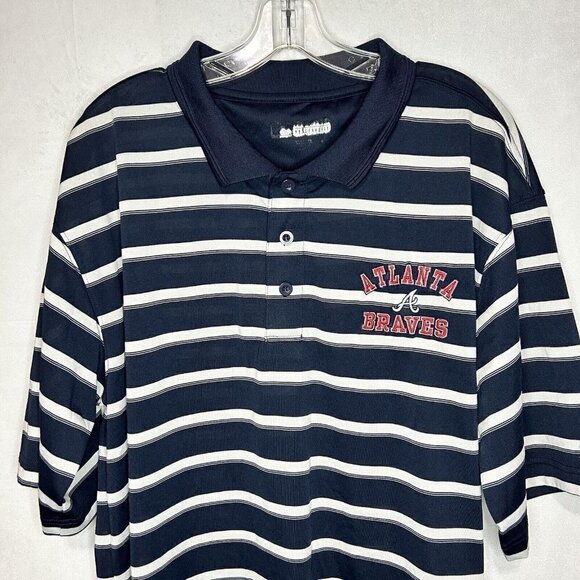 Atlanta Braves Men's Polo Shirt Navy Blue Striped Embroidery Logo Sz XL (46-48) - Picture 2 of 5